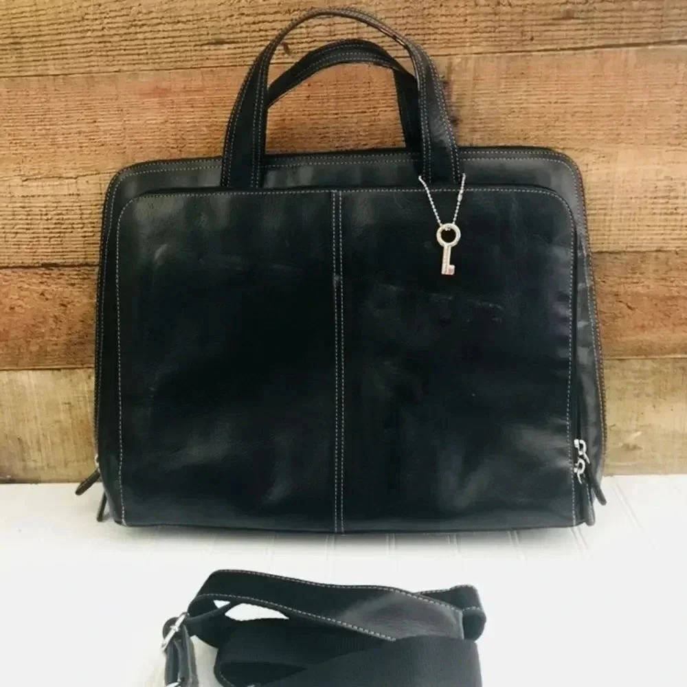 Nwot Fossil Black Leather Briefcase/Laptop Bag